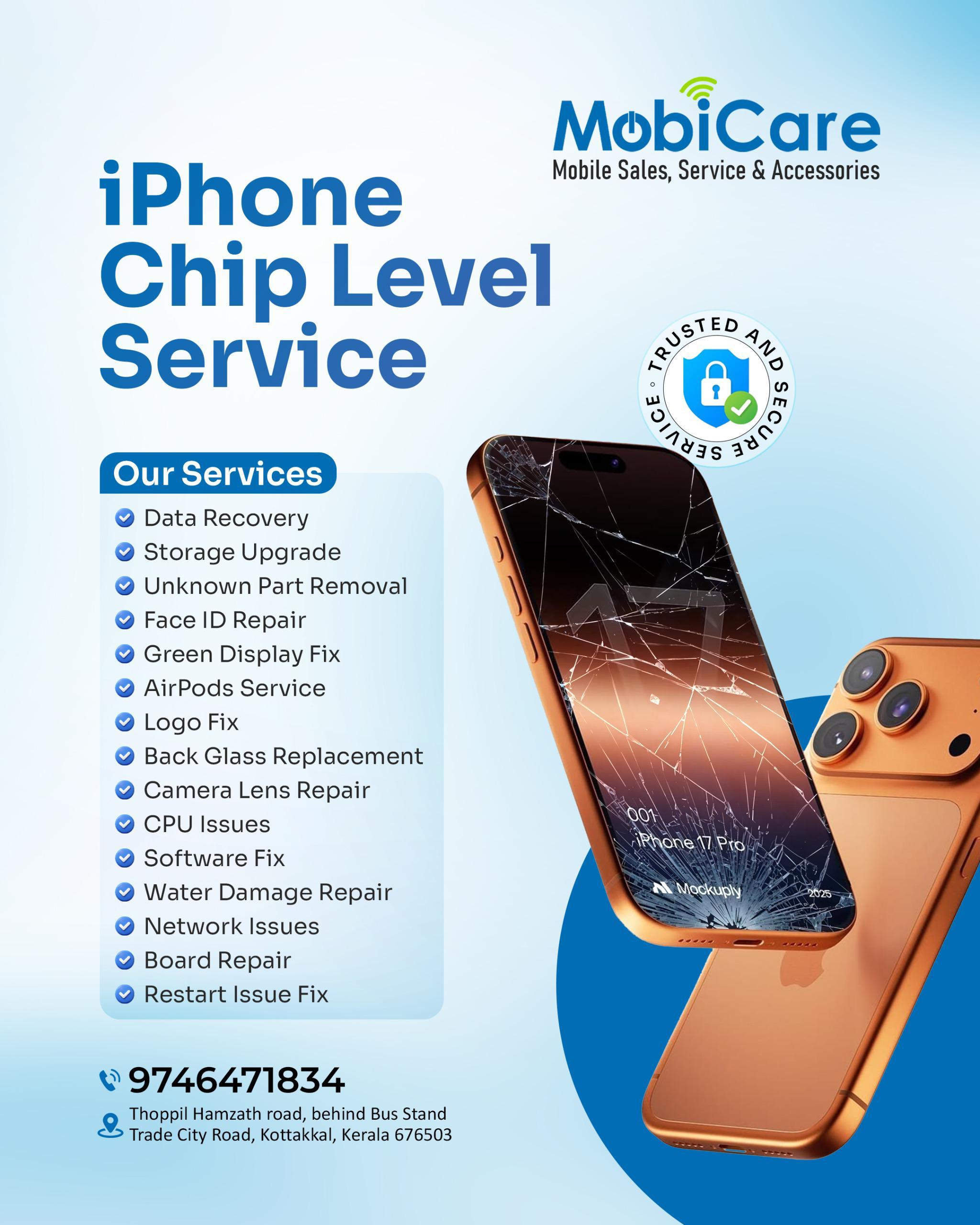 Mobicare Kottakkal phone repair store - genuine spare parts and accessories display
